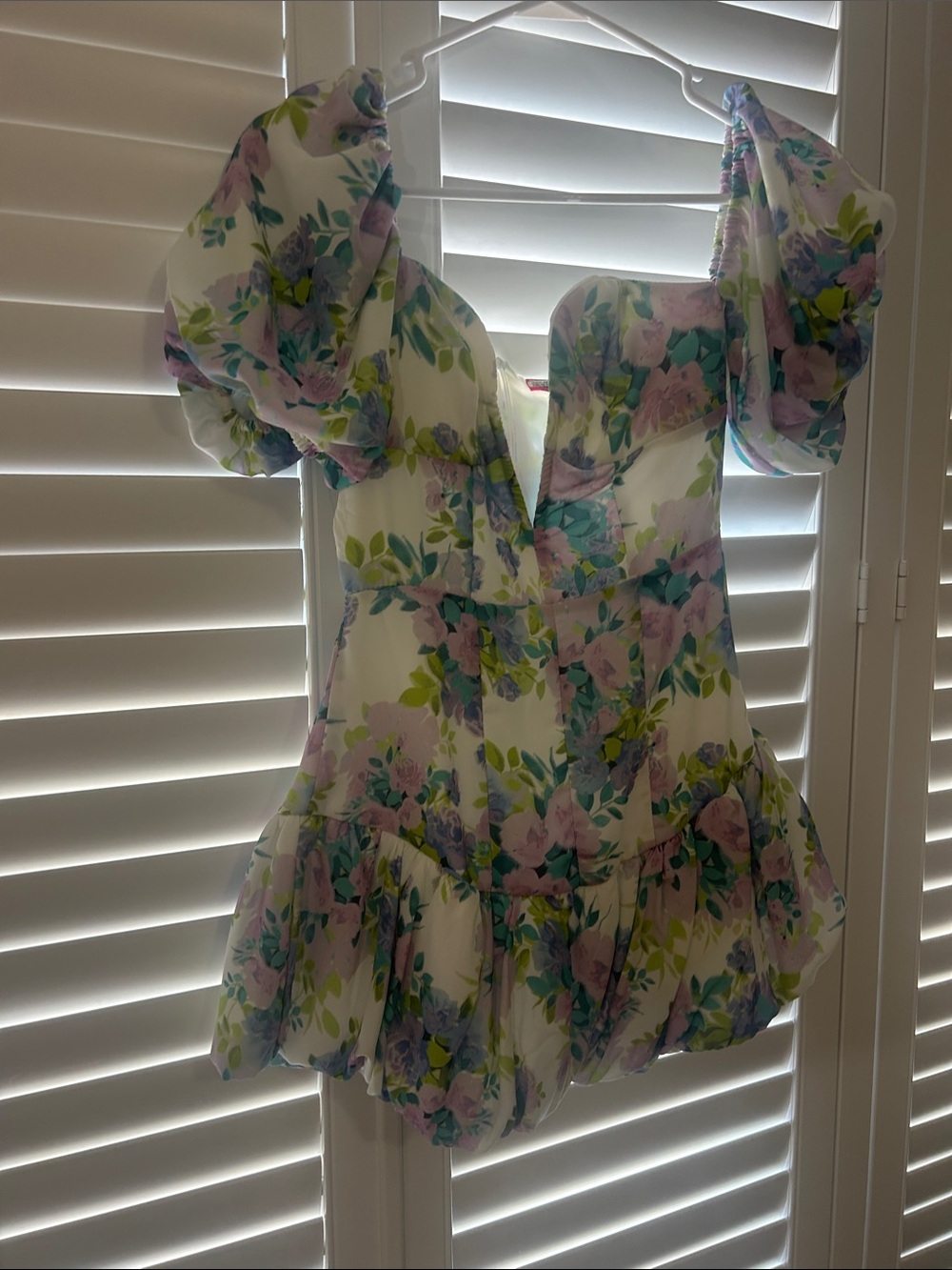 Floral Puff-Sleeve Dress in White/Purple and Pastel Florals